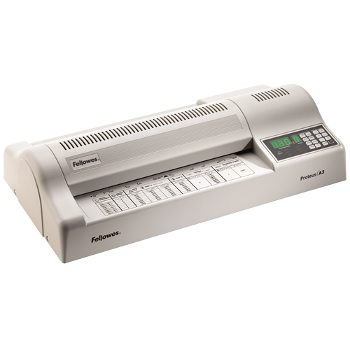 Proteus A3 commercial laminator at a left angle with its temperature and speed keypad and Proteus A3 badge