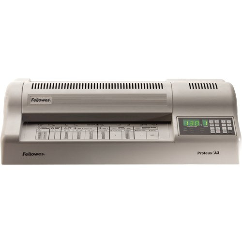 Front view of the Fellowes Proteus A3 laminator showing the green temperature display and wide entry shelf
