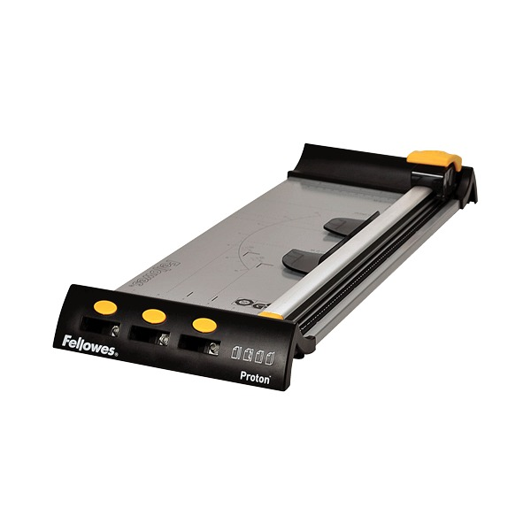 Fellowes Proton A3 rotary trimmer at an angle with the grey cutting bed, silver rail and yellow cutting head