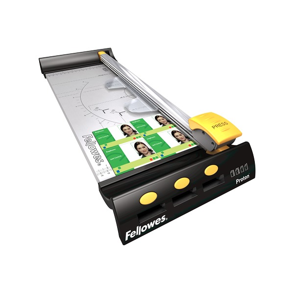 Proton A3 trimmer with a sheet of printed photos on the bed, yellow cutting head on the rail