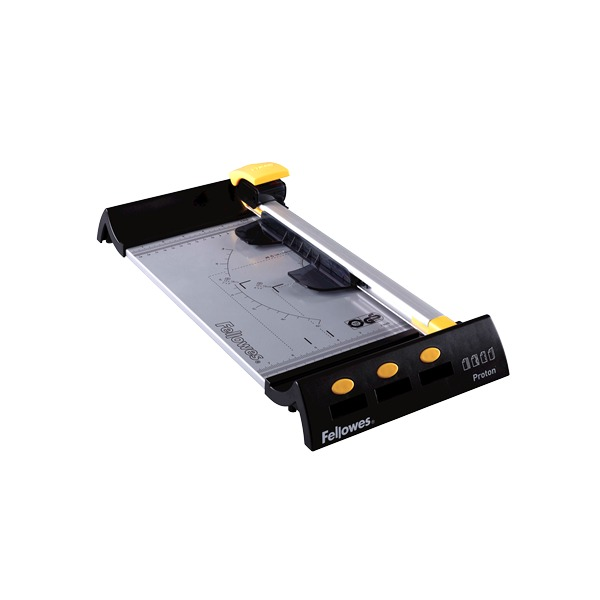 Fellowes Proton A4 rotary trimmer with a silver metal bed, black ends, yellow carriage and three yellow buttons on the base