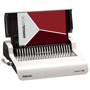 Fellowes Pulsar-E 300 electric comb binder open with a red and white Annual Report cover standing in the paper guide
