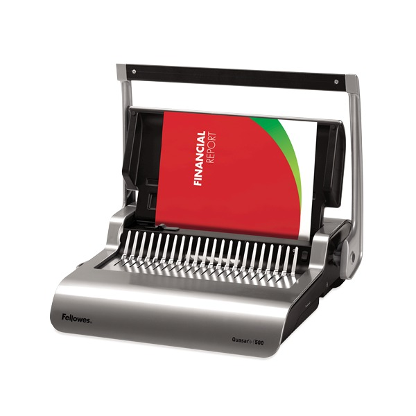 Fellowes Quasar+ 500 comb binder open with a red Financial Report cover in the guide and the full width handle raised