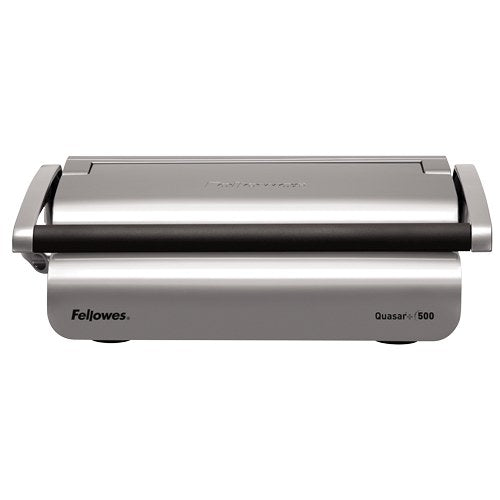 Quasar+ 500 closed and seen front on, silver body with the Fellowes and Quasar 500 marks and the handle folded flat