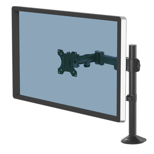 Fellowes Reflex single monitor arm in black holding one screen to the left of its pole on a round grommet base