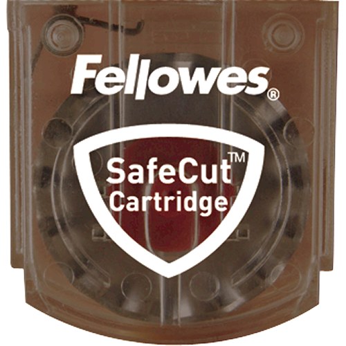 Close-up of a Fellowes SafeCut cartridge showing the round blade inside the clear housing with the SafeCut Cartridge logo