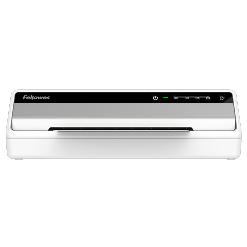 Front view of the Fellowes Saturn A4 laminator with a laminated orange sheet in the slot