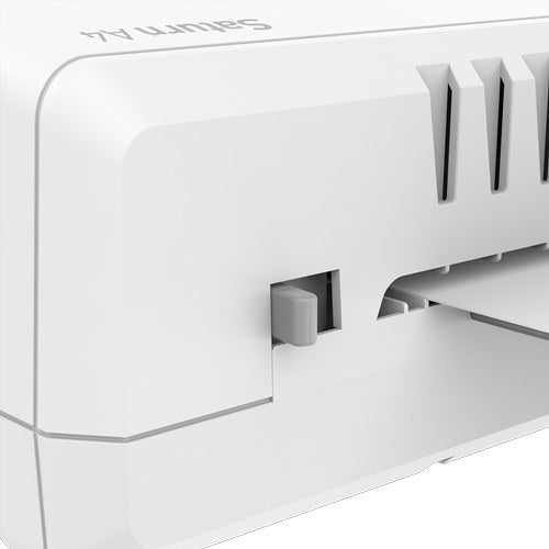 Close-up of the release lever at the rear corner of the white Fellowes Saturn A4 laminator