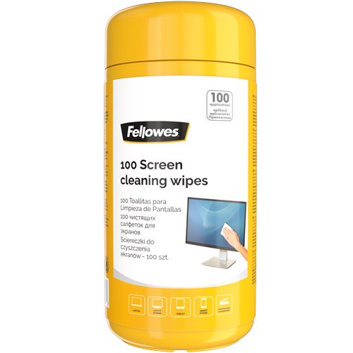 Yellow Fellowes tub labelled 100 Screen cleaning wipes, with icons for laptop, screen, tablet, phone and scanner along the bottom
