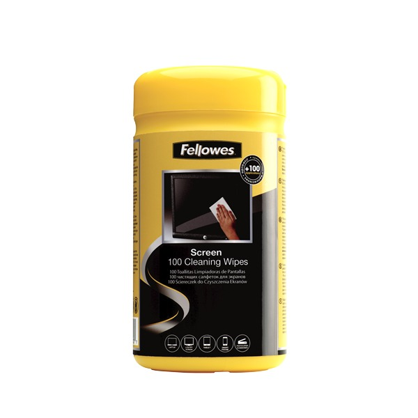 Earlier Fellowes Screen tub of 100 cleaning wipes in black and yellow with a hand wiping a screen on the label