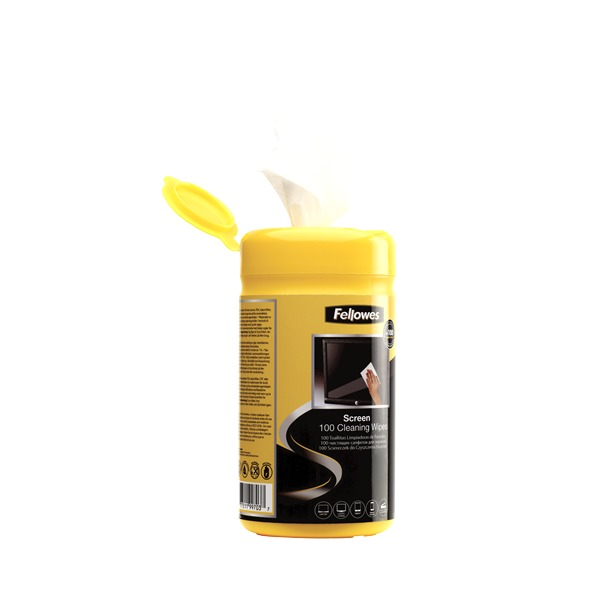 Earlier black and yellow Fellowes screen wipes tub with the lid flipped open and a wipe pulled through the top