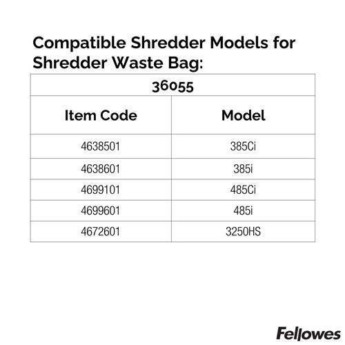 Fellowes compatibility table for shredder waste bag 36055, listing Fellowes item codes beside the models 385Ci, 385i, 485Ci, 485i and 3250HS