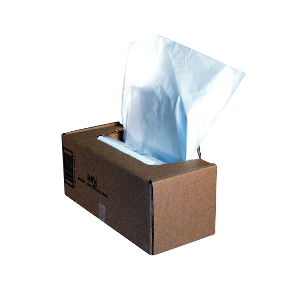Fellowes 36056 shredder bag box standing on its end with a clear bag spilling out of the opened top