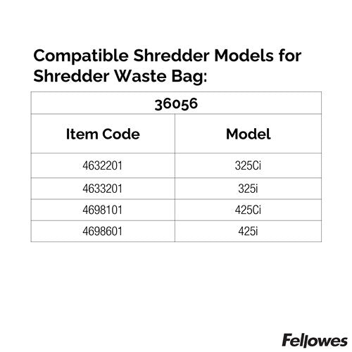 Fellowes compatibility table for shredder waste bag 36056, listing Fellowes item codes beside the models 325Ci, 325i, 425Ci and 425i