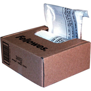 Opened brown Fellowes 36052 dispenser box with a clear shredder bag pulled up through the top flap