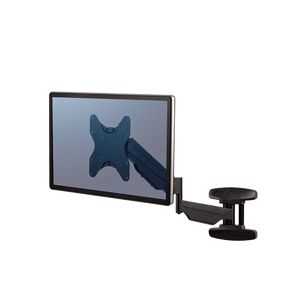 Fellowes single arm wall mount in black holding a screen out from its wall bracket on a gas spring arm