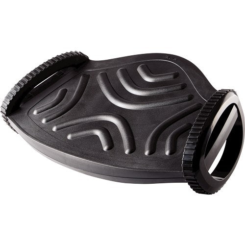 Fellowes Smart Suites foot rocker in black with curved ribs across the platform and tyre tread rims at each end, angled view