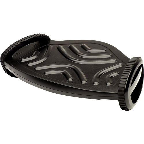 Black Smart Suites foot rocker seen from a front corner, showing the ribbed top and the oval rim at the right end