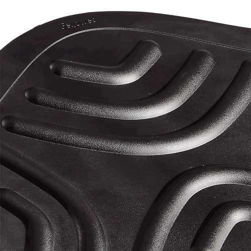 Close-up of the raised curved ribs on the top of the foot rocker with the Fellowes logo moulded in