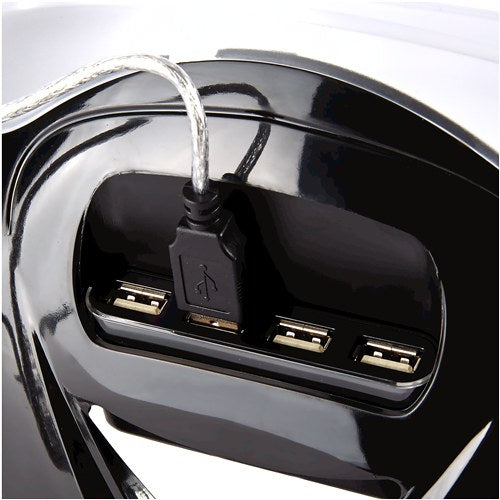 Close-up of the four USB ports in the rear hub of the Smart Suites laptop riser with a cable plugged in