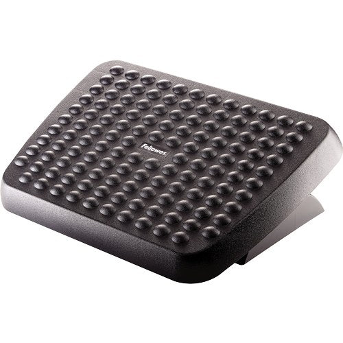 Fellowes Standard Footrest in graphite with round bumps over the platform, seen from a front corner on its curved base