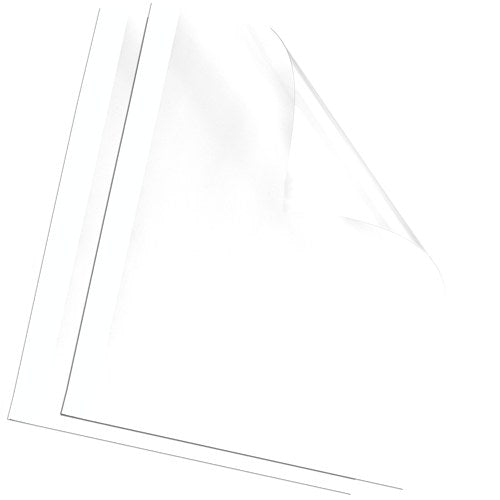 Two empty white Fellowes thermal covers on white, showing the clear front sheet and the white board back with its spine