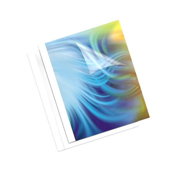 Smaller view of two white Fellowes thermal covers with a colourful page behind the clear front, corner turned back