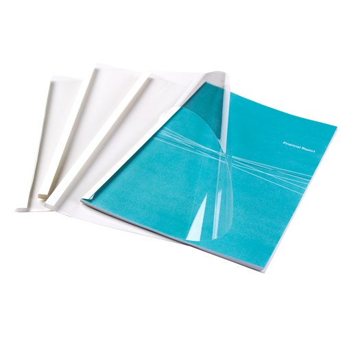 Fellowes white Standard thermal covers spread out with one bound around a teal document, clear PVC front on top