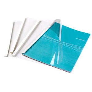 Several Fellowes white thermal binding covers fanned beside a bound report with a teal title page behind the clear front