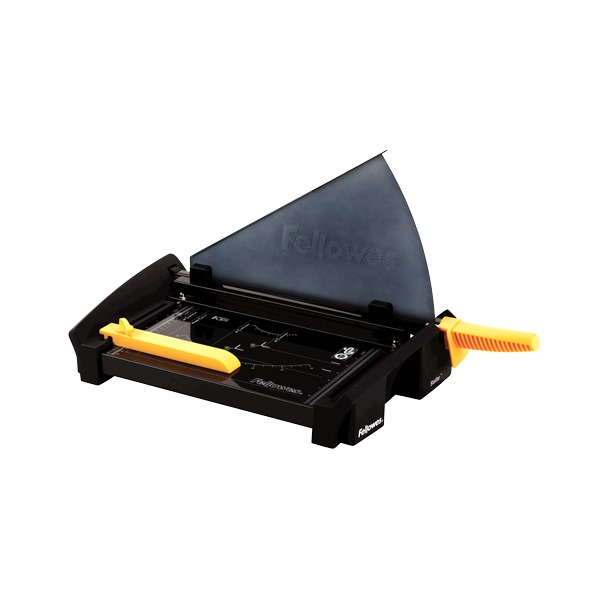 Black Fellowes Stellar A4 guillotine from the left with the smoked SafeCut guard raised and a yellow handle and guide