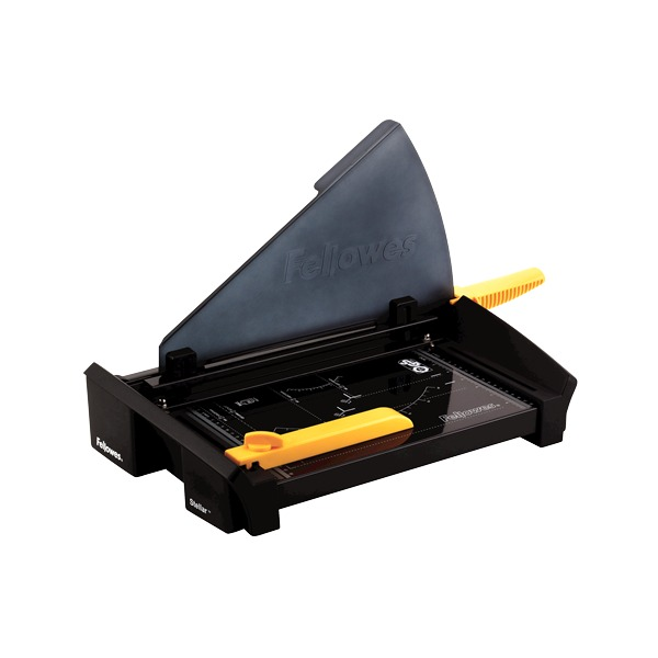 Fellowes Stellar A4 guillotine from the right showing the black cutting bed, yellow back margin guide and raised guard