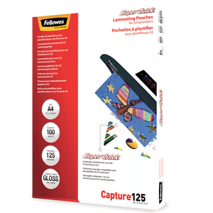 Red Fellowes SuperQuick Capture 125 box of 100 A4 gloss pouches angled from the left, laminator and butterfly artwork on the front