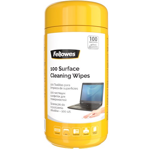 Fellowes 100 Surface Cleaning Wipes yellow tub with a white label showing a laptop and a 100 count badge, front view