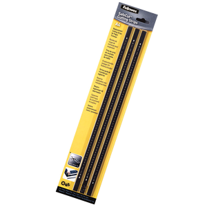 Fellowes SafeCut A4 cutting strips in their yellow and black hanging card, with three black strips visible through the pack window