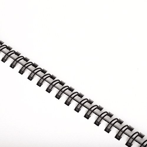 Close-up of a black wire comb holding the punched edge of a bound white document, loops closed through the holes