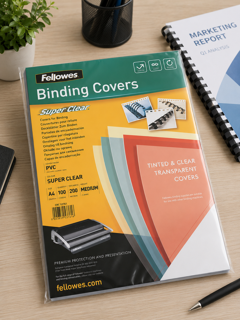Fellowes super clear binding covers displayed on a desk with a binding machine, notebook, pen and potted plant nearby.