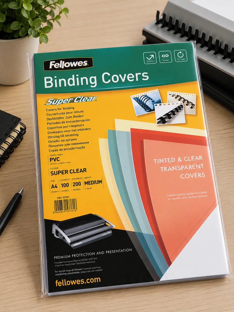 Fellowes super clear A4 binding covers on an office desk beside a comb bound report, pen holder and plant.