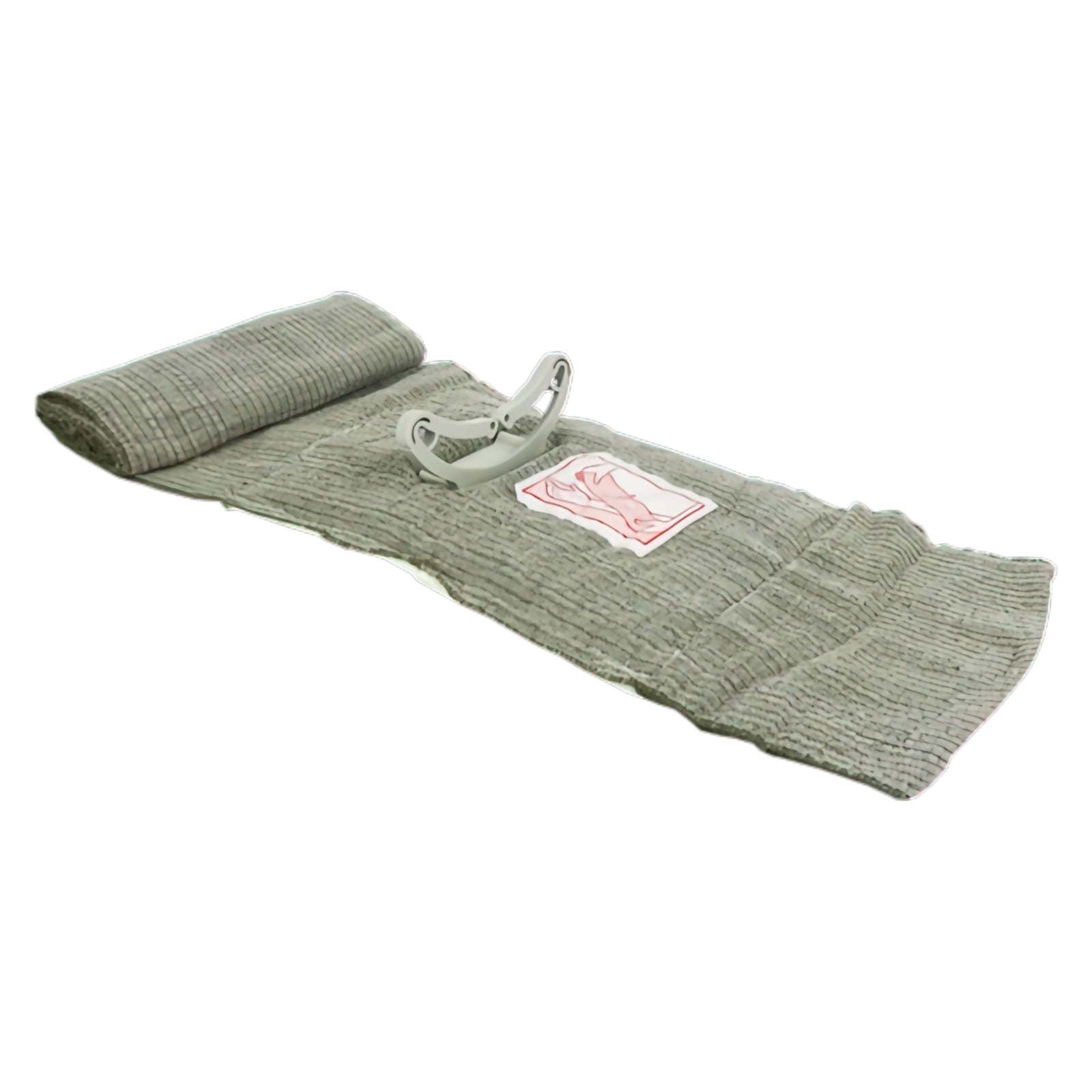 FirstCare Military Trauma and Haemorrhage Control Bandage 15 x 18cm Green displayed open on a white background. The product view shows the broad wound dressing, long elastic compression wrap, integrated pressure applicator and fastening components that combine into a compact all in one system for emergency external bleeding control.