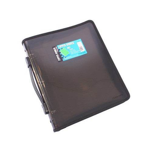 Foldermate Pop Gear A4 zipper binder with 25mm 3-O rings in smoke polypropylene, retractable spine handle visible