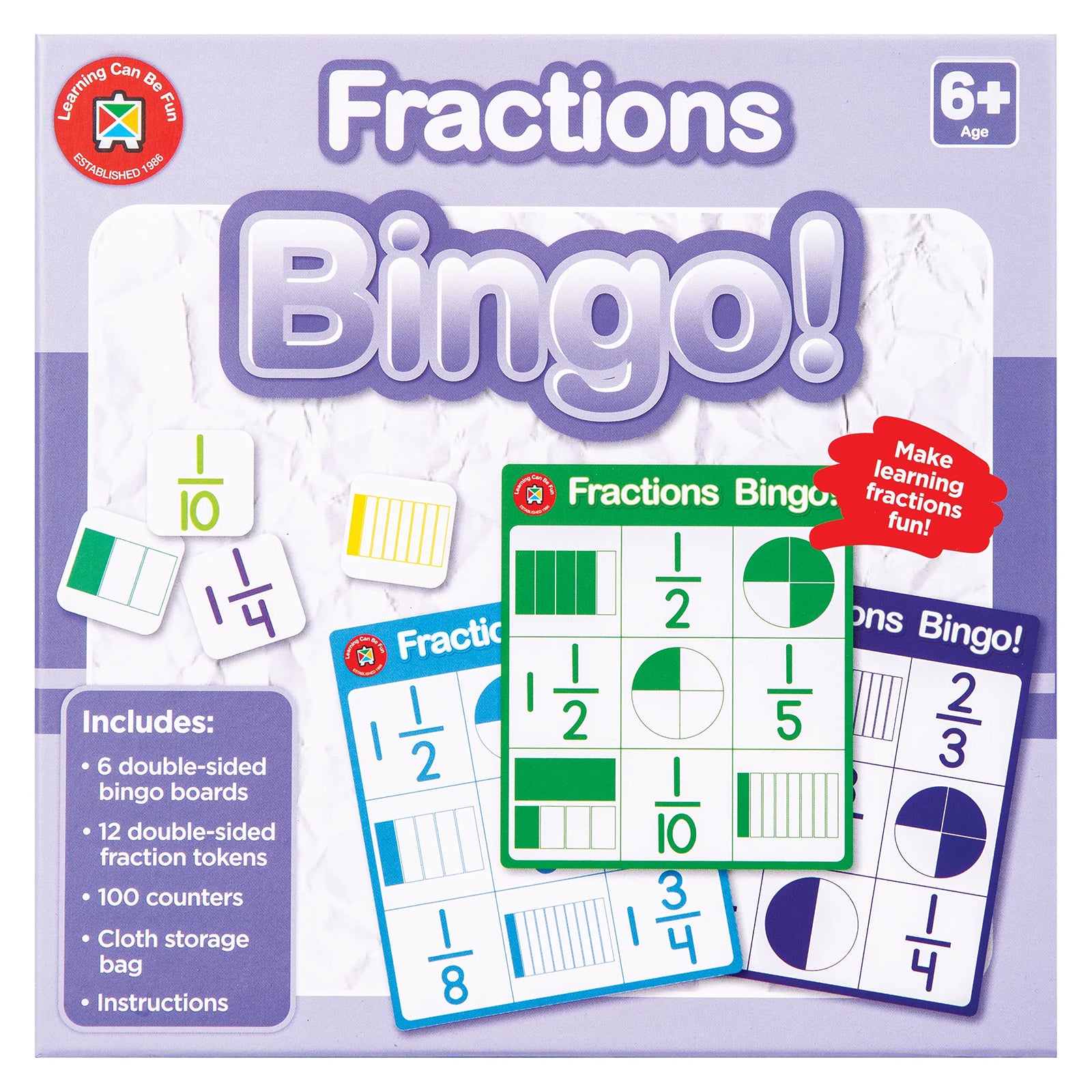 Front packaging artwork for Learning Can Be Fun Fractions Bingo displaying fraction examples, colourful bingo boards and visual fraction models. The packaging highlights fraction learning through interactive gameplay designed for children aged six years and above.