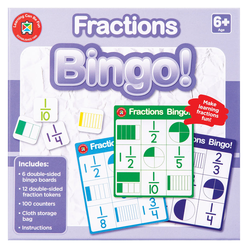Front packaging artwork for Learning Can Be Fun Fractions Bingo displaying fraction examples, colourful bingo boards and visual fraction models. The packaging highlights fraction learning through interactive gameplay designed for children aged six years and above.