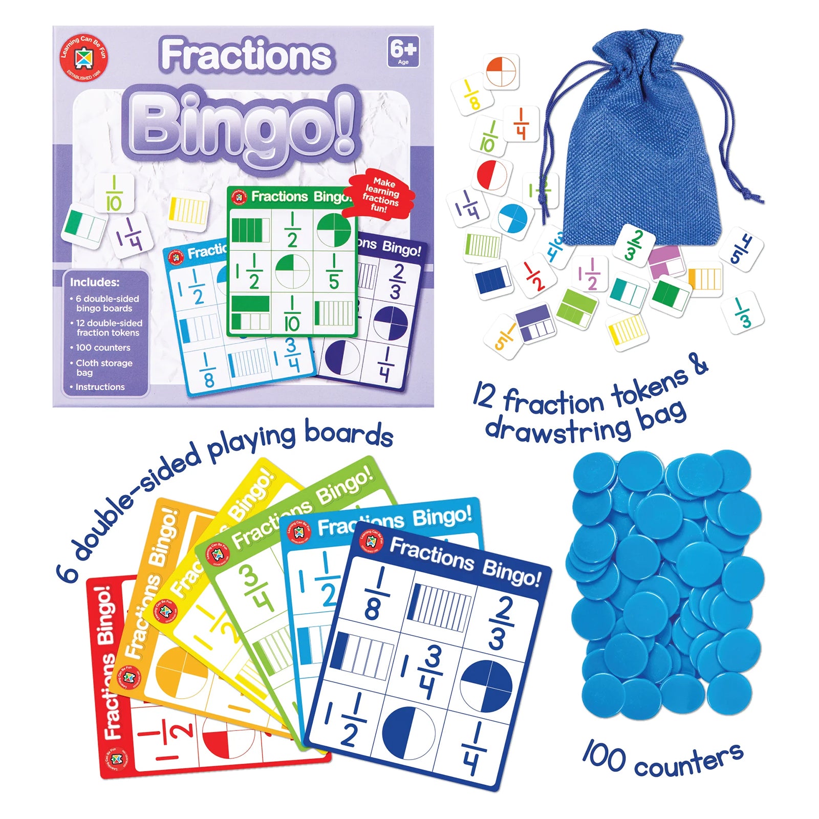 Product overview showing the Fractions Bingo box, six double sided bingo boards, twelve fraction tokens, one hundred counters and a blue drawstring storage bag. The layout clearly presents the educational resources included for teaching fraction concepts through play.