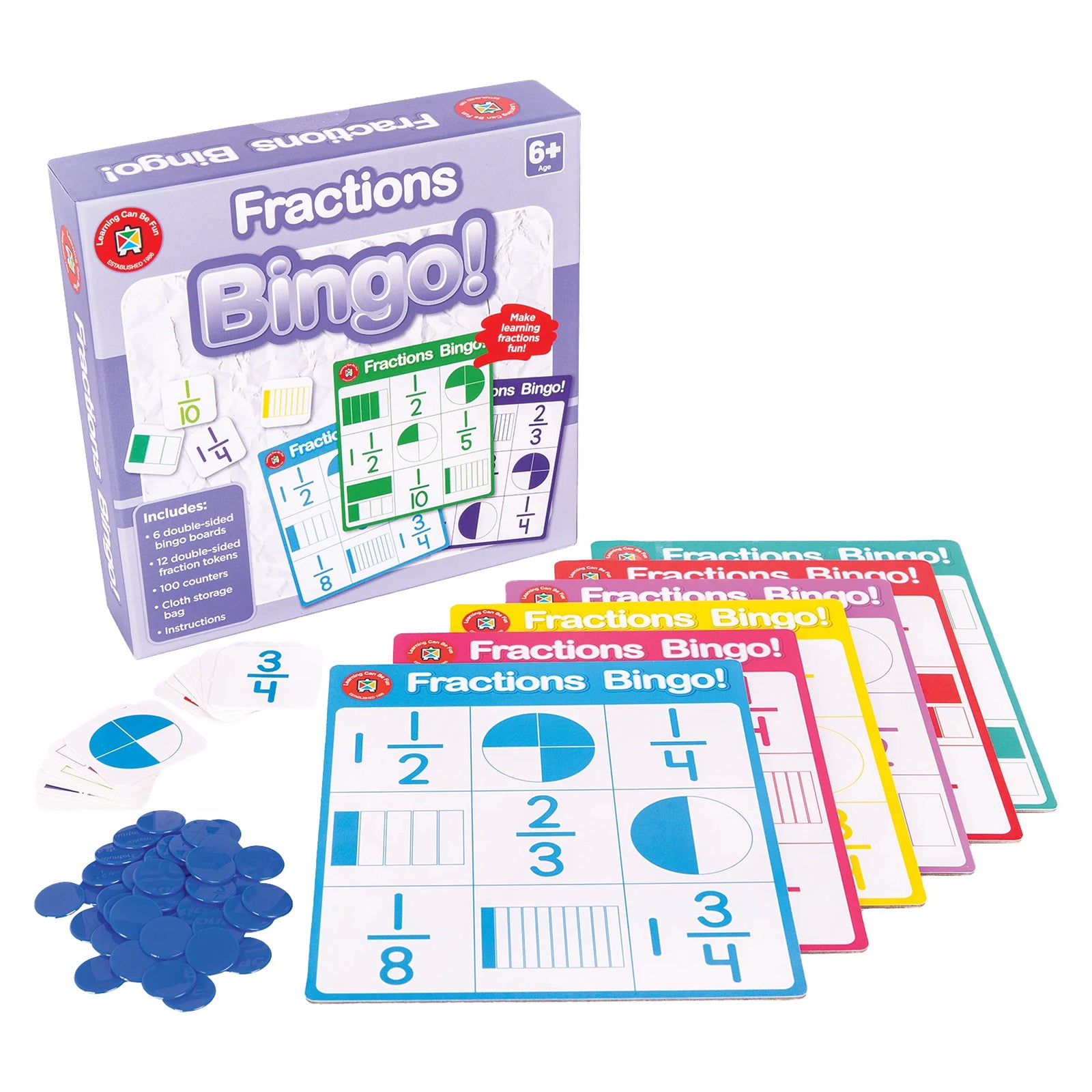 Retail packaging and game contents arranged together, featuring colourful fraction bingo boards with visual fraction representations and numerical fractions. Tokens, counters and storage accessories demonstrate the complete educational learning system.