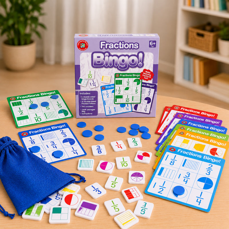 Complete Fractions Bingo educational game set displayed with retail packaging, fraction boards, counters, fraction tokens and storage bag. The image showcases all included components designed to support fraction recognition and numeracy learning in classrooms and homes.