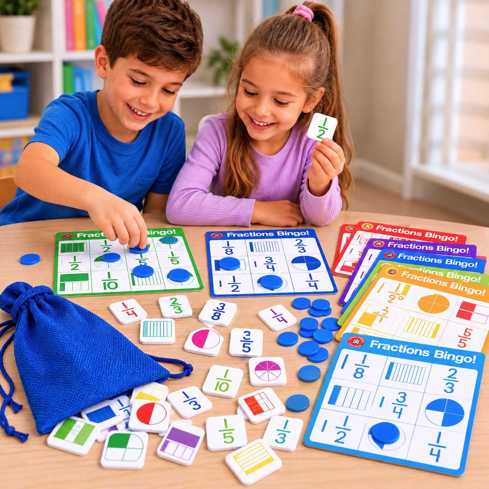 Young learners enjoying a game of Fractions Bingo while placing counters on fraction boards featuring halves, quarters, thirds and tenths. Fraction tokens and visual models are scattered across the table, highlighting collaborative learning and mathematical skill development.
