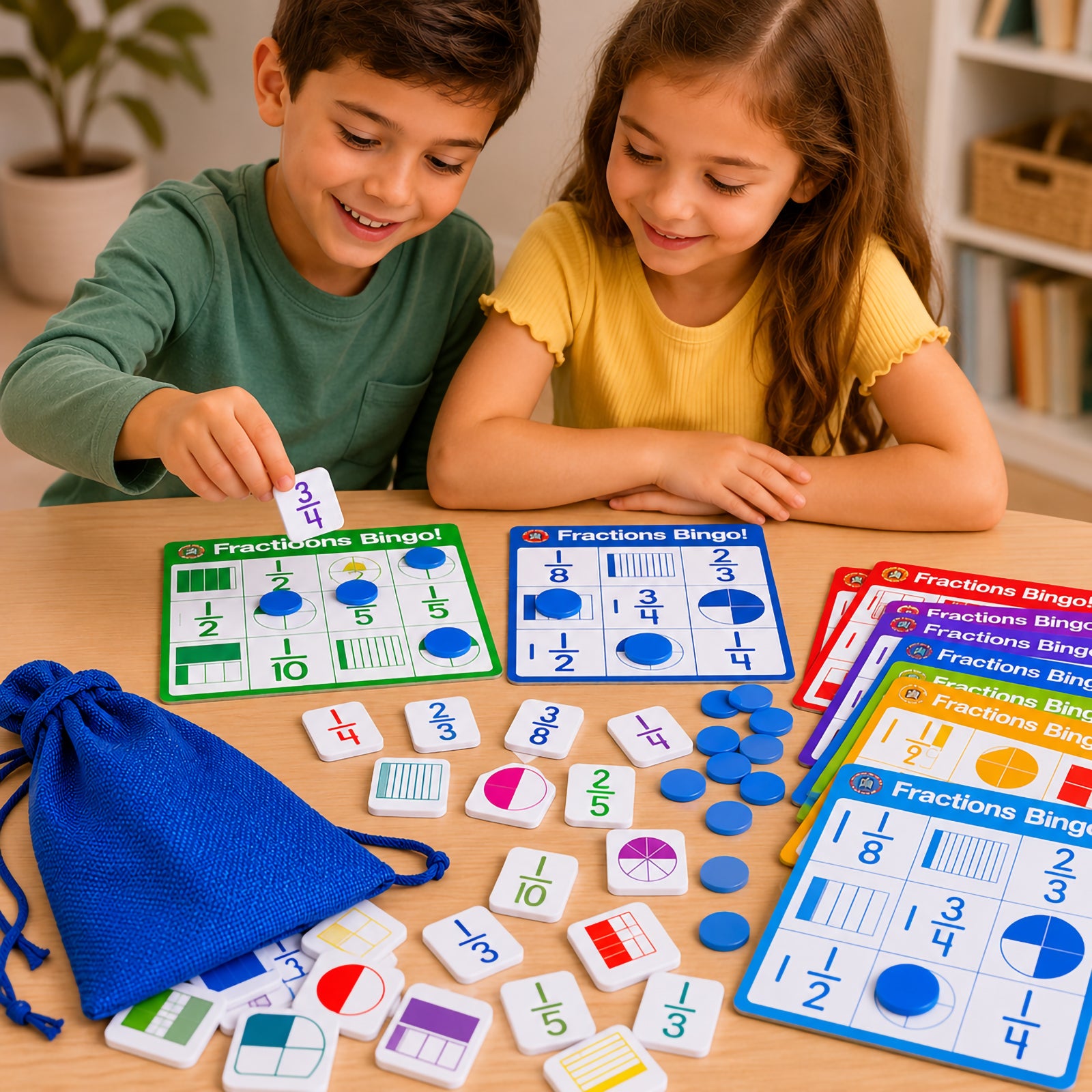 Two children playing Learning Can Be Fun Fractions Bingo at a table while matching fraction tokens to colourful bingo boards. Fraction symbols, visual fraction diagrams, counters and game pieces are displayed, demonstrating hands on maths learning that helps children understand common fractions through interactive play.