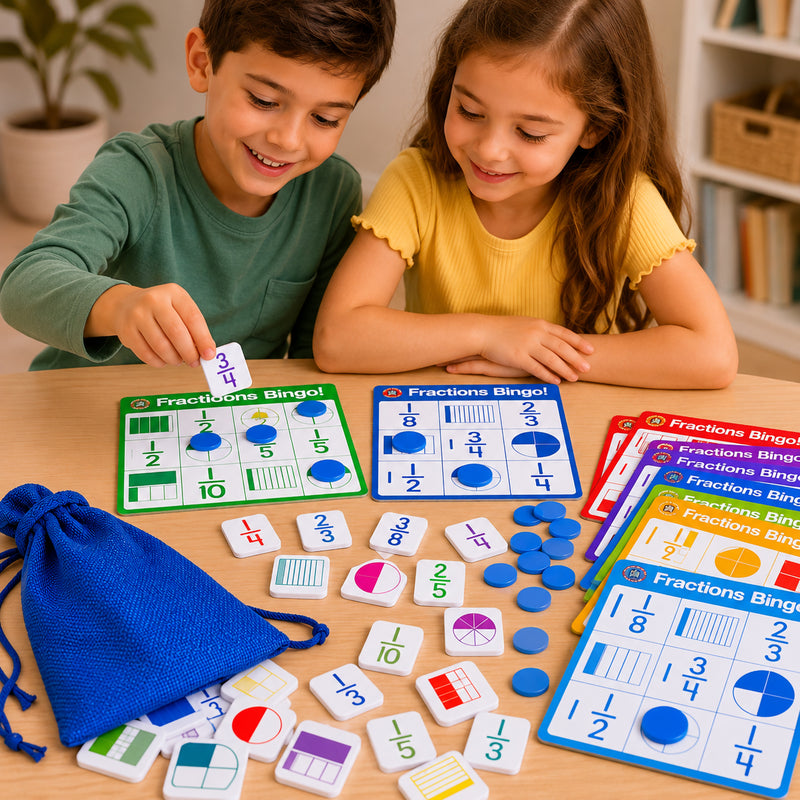 Two children playing Learning Can Be Fun Fractions Bingo at a table while matching fraction tokens to colourful bingo boards. Fraction symbols, visual fraction diagrams, counters and game pieces are displayed, demonstrating hands on maths learning that helps children understand common fractions through interactive play.
