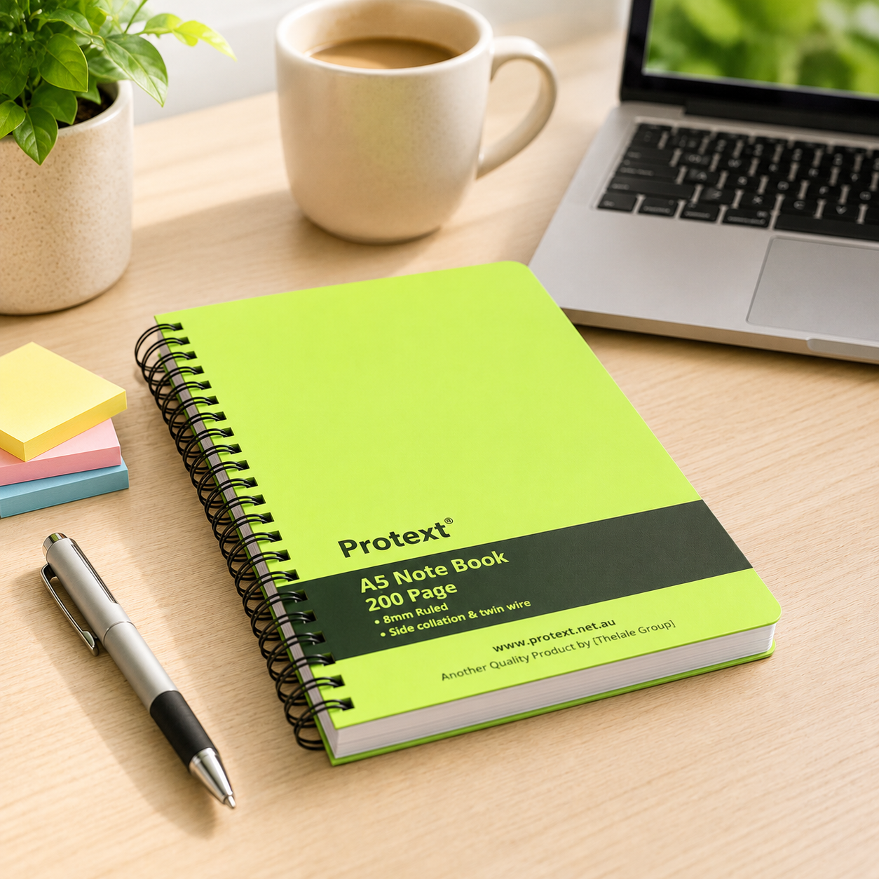 Protext Twin Wire Notebook A5 200 Page Ruled PP Cover Lime Pack 5 — open showing twin wire binding and ruled pages