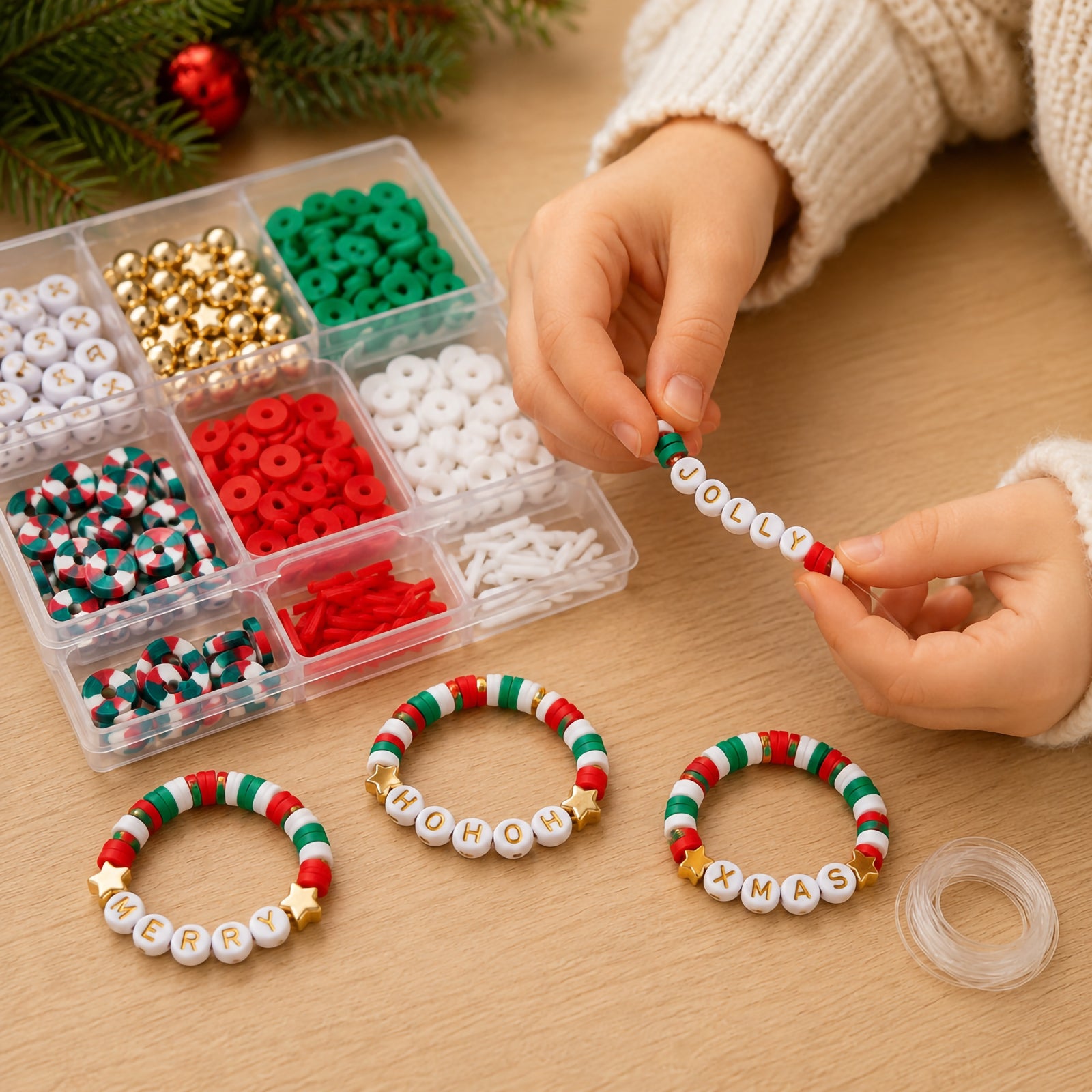 Child assembling a personalised bracelet using alphabet beads to spell a festive message. Multiple completed bracelets featuring Christmas colours are displayed on a tabletop alongside crafting materials, showcasing creative customisation and holiday themed jewellery design.
