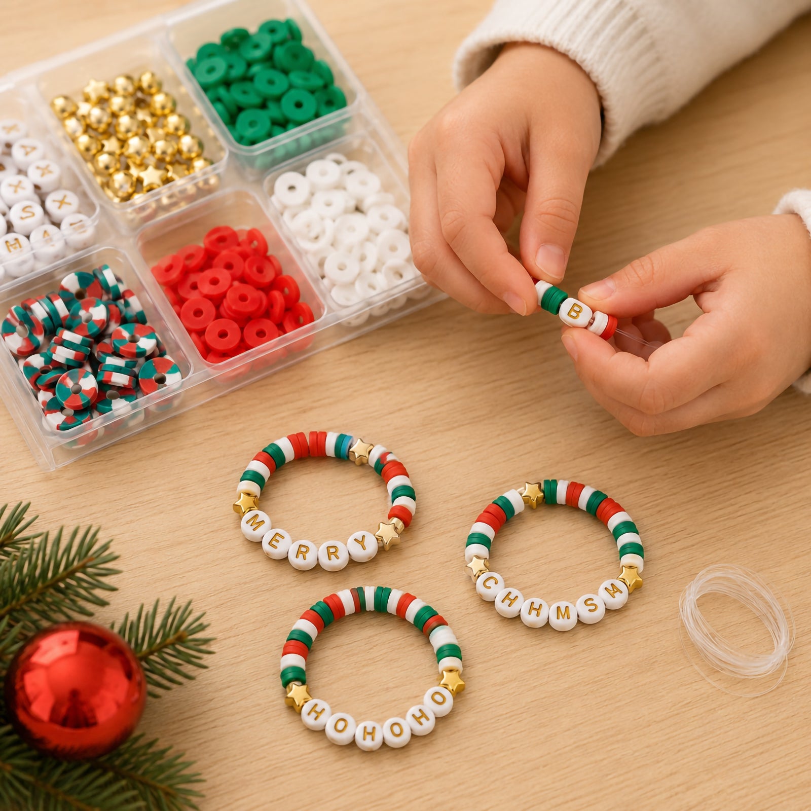 Close up view of hands threading colourful Christmas themed beads onto elastic cord. Finished friendship bracelets featuring festive words and decorative gold star beads are displayed beside an organised bead tray containing alphabet beads, polymer clay beads and metallic accents.